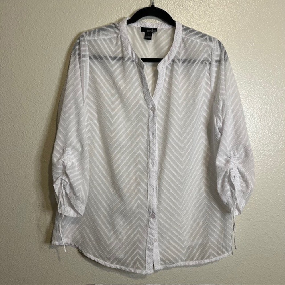 Erika‎ White Size L Chevron Textured Sheer Button Up Blouse Top Business Casual